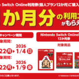 [Nintendo Switch Online利用券（12ヶ月券）] ローソンで対象商品をご購入・ご応募で、もれなく Nintendo Switch Online 1カ月（30日間）利用コード をプレゼント！| 2026年1月4日（日）まで